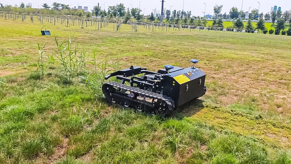 Tracked hybrid mower on a large newly planted field with young saplings