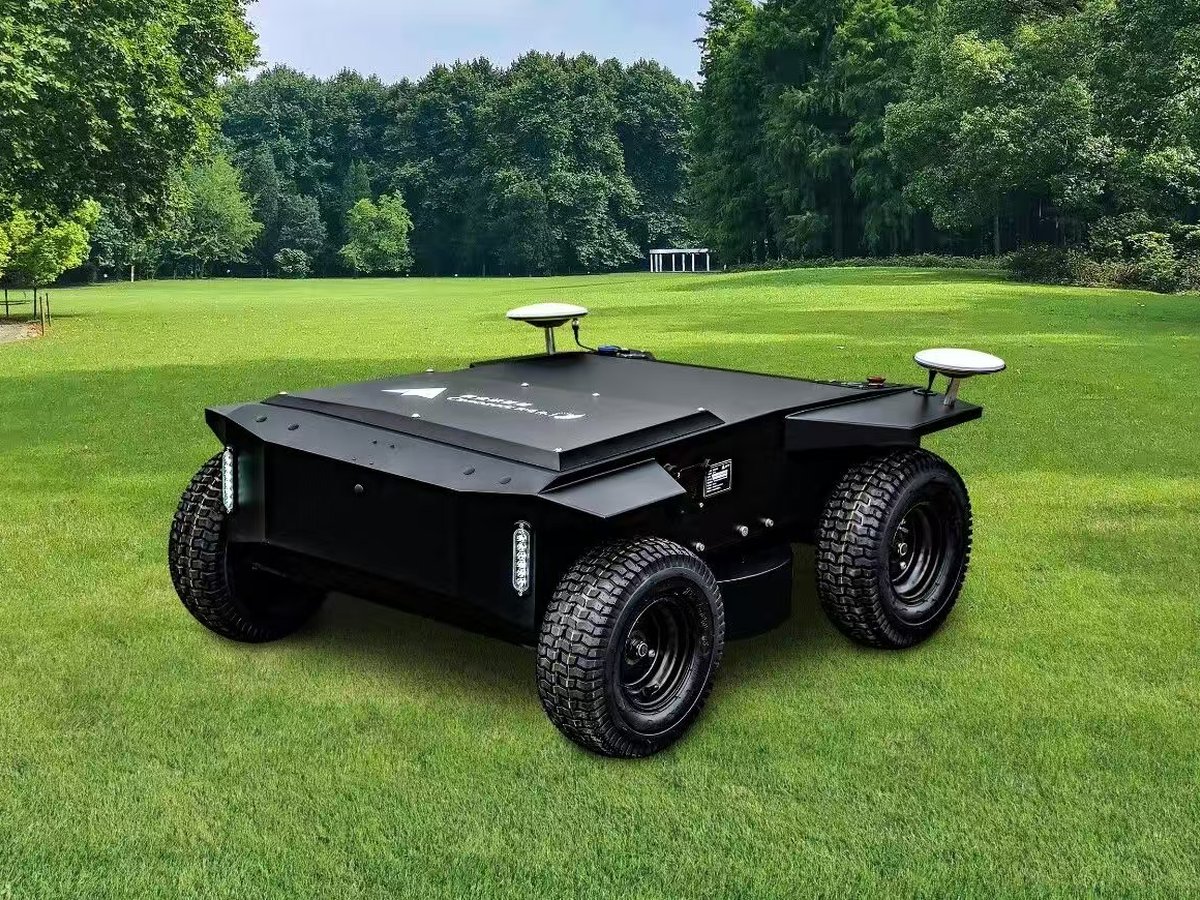 WANJI-R1 wheeled fully-electric autonomous mower mowing an orchard lawn